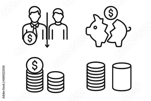 Financial crisis & economy outline icon set. Vector icons for income inequality, wealth gap, poverty, bankruptcy, broken piggy bank, savings, investment, money comparison.
