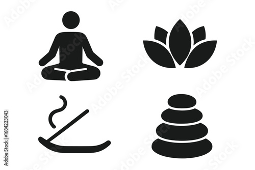Mindfulness and Meditation Icon Set, Solid Filled Vector Illustrations of Person Meditating, Lotus Flower Symbol, Incense Stick, and Zen Stones for Relaxation and Wellness Design