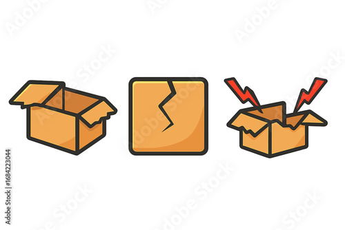 Set of box icons for delivery and shipping concepts. Vector illustration of open, broken, and mystery package. Damaged, fragile goods, error, or surprise unboxing.