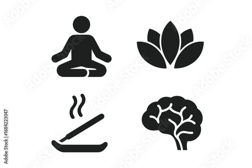 Mindfulness and Meditation Icon Set, Solid Filled Vector Icons of Person Meditating, Lotus Flower, and Incense Stick, Calmness, Zen, Relaxation, and Mental Wellness Symbols