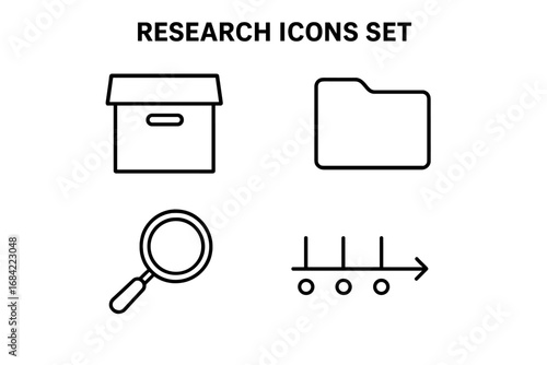 Research icons set. Vector line art symbols for analysis, data, and discovery. Includes archive box, file folder, magnifying glass, and timeline for reports or presentations.
