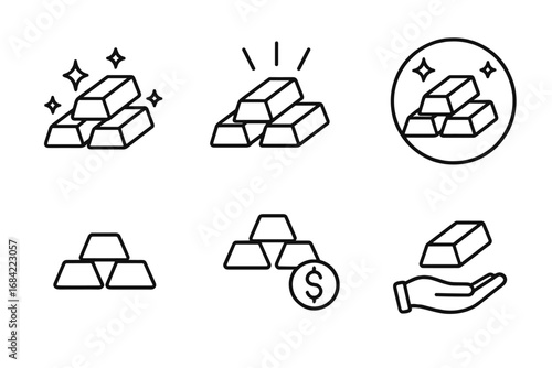 Gold bar line icon set. Bullion and ingot symbols for finance, banking, and investment. Vector illustration of wealth, treasure, and savings. Editable stroke icons.
