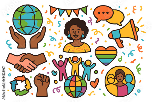Vector icon set of diversity, inclusion, and community. Cultural celebration with symbols for communication, global unity, social justice, and LGBTQ pride. Cartoon style.
