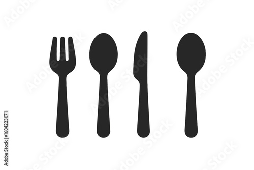 Solid black vector icons set of eating and serving utensils including salad fork, soup spoon, steak knife, serving spoon, cartoon style cutlery kitchen tools collection