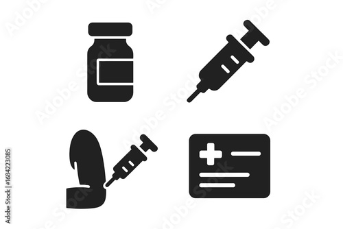Vaccination Icons Grid, Solid Filled Vector Set of Vaccine Vial, Syringe, Injection Arm, Vaccination Card, Immunization Campaign, Medical Injection Illustration