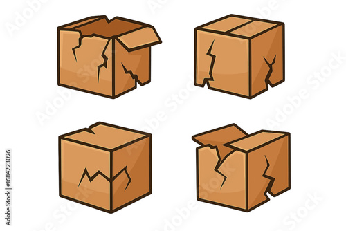 Set of broken cardboard box vector icons. Damaged package or carton illustration for shipping, delivery, and logistics concepts. Fragile cargo symbol, return parcel problem.