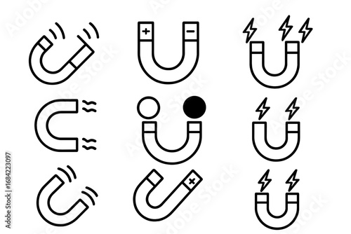 Magnet icon set. Horseshoe magnet outline symbols. U-shaped magnets with poles, attraction force and energy. Simple line art for physics, science, marketing, lead generation.