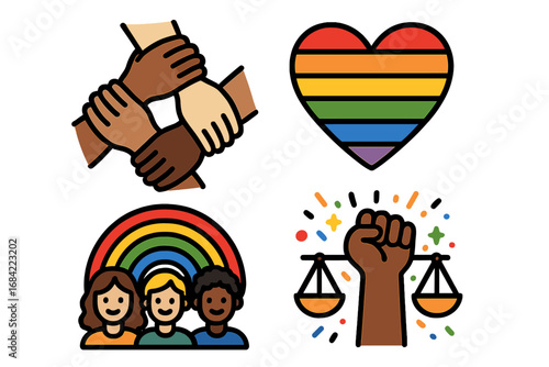 Inclusivity, diversity, and equality icon set. Social justice vector symbols for human rights. Pride rainbow heart, multicultural hands, diverse community, and BLM justice fist.