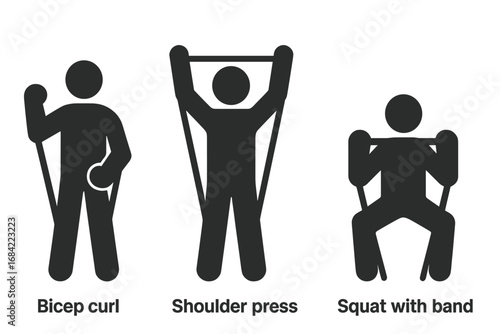 Resistance band exercise icon set. Fitness workout pictograms. Man doing bicep curl, shoulder press, squat. Strength training symbols. Home gym routine vector graphics.