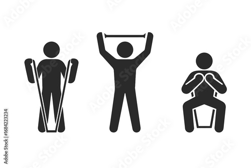 Resistance band exercise icon set. Solid black pictograms of stick figures working out. Fitness, strength training, physiotherapy. Bicep curl, shoulder press, seated row vector.