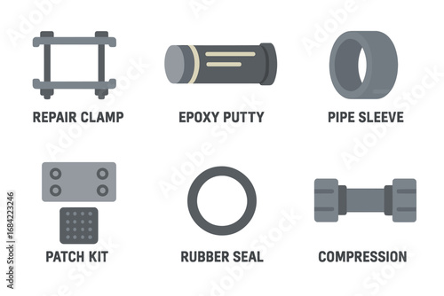 Pipe repair tools icon set for plumbing service. Vector illustration of repair clamp, epoxy putty, pipe sleeve, patch kit, rubber seal and compression fitting for fixing leaks.