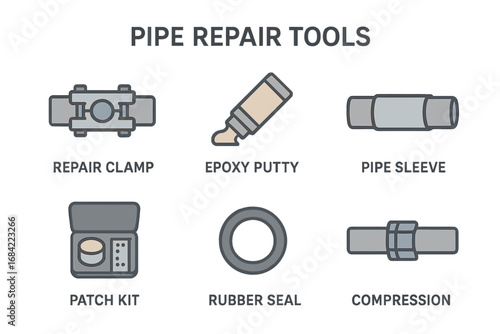 Pipe repair tools vector icon set. Plumbing equipment for fixing water leaks. Contains repair clamp, epoxy putty, pipe sleeve, patch kit, rubber seal, compression fitting.