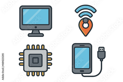 Technology icon set. Vector cartoon illustration of computer monitor, mobile phone with USB cable, CPU microprocessor and wifi location pin. Electronic devices symbols.