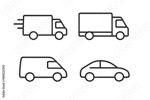 Delivery truck, van, and car line icon set. Transport and logistics symbols for shipping service. Editable stroke vector for web, mobile apps, and freight business.