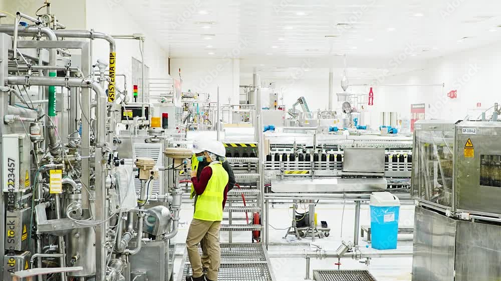 Operario supervisando maquinaria en planta de bebidas