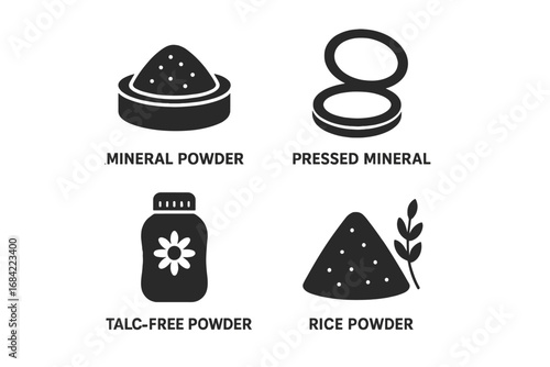 Powder Icon Collection, Solid Filled Vector Set of Mineral Powder, Pressed Mineral, Talc-Free Powder, Rice Powder Variants, Cosmetic and Beauty Product Symbols, Transparent Background