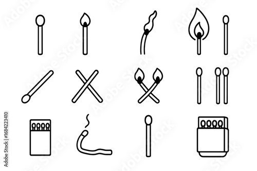 Matchstick icon set. Minimalistic line art collection of burning matches, flame, and matchbox. Vector symbols for web, graphic design, apps. Safety, danger, ignition concept.