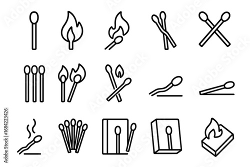 Matchstick line icon set. Vector collection of burning match, open matchbox, flame, and fire symbols. Minimalistic outline graphic elements for web and app design.