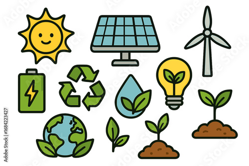 Renewable energy icon set with sustainability symbols. Green power, ecology, solar panel, wind turbine, recycling, and plant growth. Vector cartoon for environment concepts.