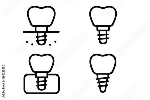 Dental implant icon set. Tooth restoration and replacement surgery pictogram. Dentistry, stomatology, and oral health care concept. Vector line art for web and graphic design.