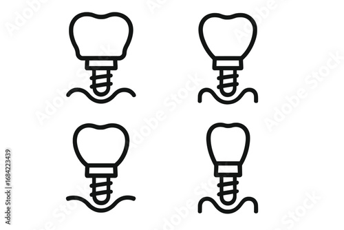 Dental implant icon set. Tooth restoration pictogram. Dentistry, stomatology, oral surgery concept. Tooth replacement, implantology symbol for web, apps, dental clinic.