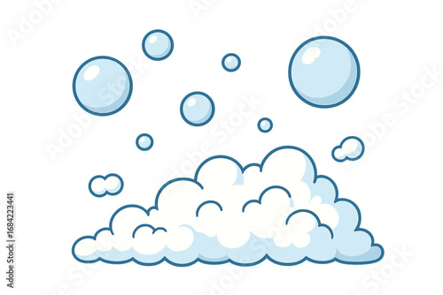 Cartoon soap foam and bubbles vector set. Blue water air bubble and white suds illustration for cleaning or washing concept. Hygiene and bath fun graphic element design.