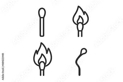 Matchstick icon set in stages from new, to lit with fire, to burning with a flame, and burnt out. Minimal outline vector pictogram. Concept of process, cycle, and combustion.