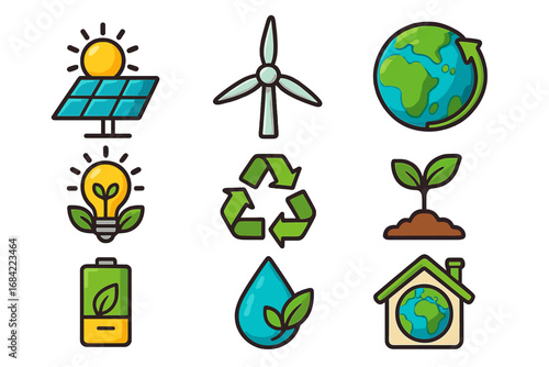 Renewable energy and sustainability icon set. Vector cartoon symbols for green power, ecology, and environment. Solar panel, wind turbine, recycle sign, eco home, planet.