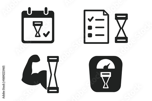 Fitness progress solid icon set. Time and patience in workout concept. Vector glyphs of calendar schedule, checklist plan, muscle growth, and weight scale with hourglass symbol.