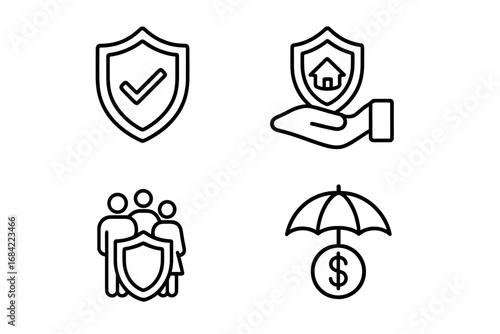 Insurance icon set for security and protection. Vector line art collection with symbols for family safety, home insurance, financial defense. Editable stroke for design and apps.