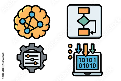 Set of machine learning icons. Neural network in brain, algorithm flowchart, parameter settings gear, and data flow on laptop. AI, data science, deep learning concepts vector.