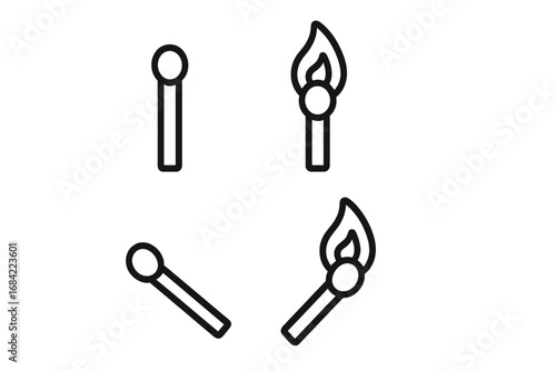 Matchstick icon set in a simple outline style. Vector illustration of lit and unlit matches. For concepts like fire, burn, heat, danger, idea, ignition, start, warning.