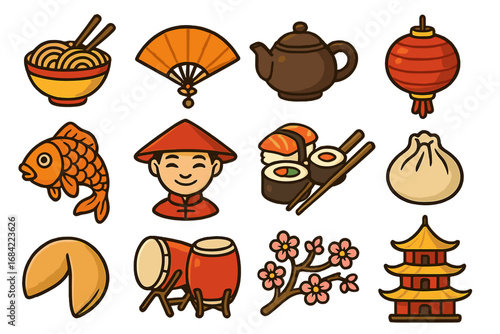 Asian culture icon set. Chinese and Japanese traditional elements. Vector cartoon illustration with food, lantern, pagoda, fan, koi fish, sushi, noodles, and sakura flowers.
