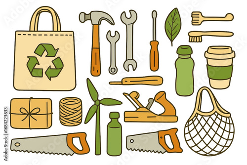 Practical tools and sustainable eco-friendly items for green living and DIY projects, reusable supplies, hand tools, zero waste lifestyle, environmental conservation vector set