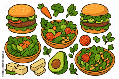 Variety of Plant-Based Foods Including Vegan Burgers, Fresh Salads, Tofu, Avocado, and Vegetables. Cartoon Vector Illustration with Transparent Background, Healthy Organic Vegan Set