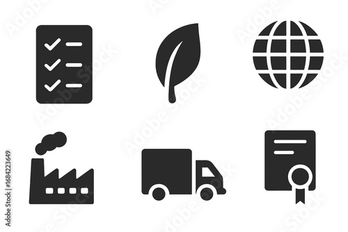 Responsible sourcing icon set. Solid glyph icons for ethical supply chain, sustainable manufacturing, green logistics, global standards, and certified production. Eco vector.