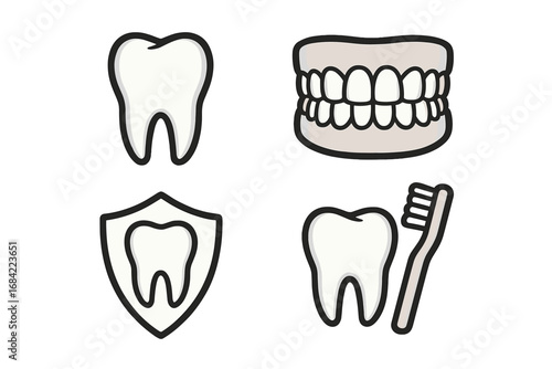 Dentistry icon set with tooth, jaw, shield protection, and toothbrush. Vector symbols for oral hygiene, dental care, stomatology, and health. Clean white teeth cartoon illustration.