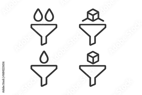 Filter and funnel line icon set. Data processing, water purification, and sorting concept. Minimalist vector illustration for web, apps, and infographics. Data flow process.