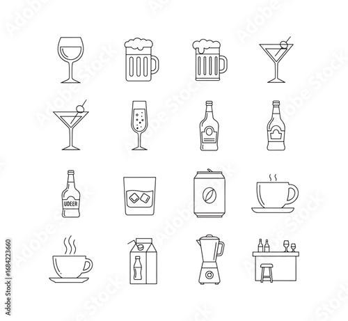 16 black icons on a white background for Drink & Alcohol