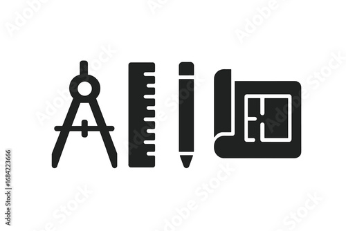 Minimalist building design tools icons set, solid black drafting compass, ruler, pencil, blueprint vector illustration for architects and engineers