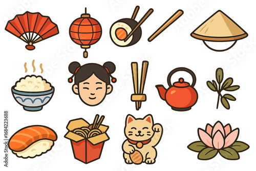A vibrant set of Asian culture icons. Japan and China elements like sushi, noodles, maneki neko, fan, and lantern. Cartoon vector illustration for travel and food concepts.