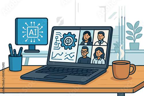 AI powered business analytics on video conference call. Modern digital workspace with remote team collaboration. Online meeting with data charts. Vector cartoon illustration.