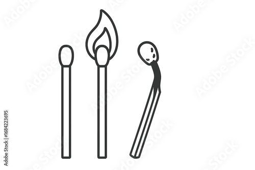 Matchstick life cycle vector outline icon set. New, burning, and burnt match. Metaphor for burnout, stress, work exhaustion, or ignition. Process and phases concept.