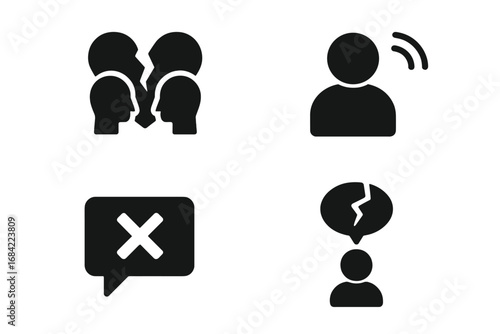 Misinformation Impact Icons Set - Solid Filled Vector Symbols of Broken Trust, Communication Disruption, Rejection, and Confused Thought Consequences in Isolated Figure Concept