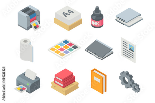 Printing and Publishing Isometric Icons Set - 3D Industrial Paper Processing and Printing Symbols, Color Charts, Ink Bottles, Notebooks, Books, and Document Graphics on Transparent Background
