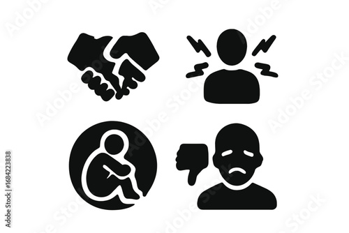 Misinformation Impact Icons Solid Filled Set of 4 Including Broken Trust, Stress, Isolation, Disapproval Consequence Symbols Vector Illustration