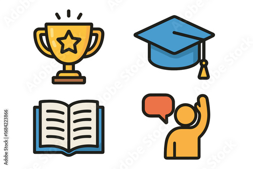 Education icon set. Learning, achievement, graduation, participation concepts. Vector icons of trophy, graduation cap, book, and student. School, university symbols. Flat design.