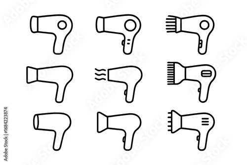 Hair dryer line icon set. Vector collection of blow dryer symbols. Minimalist outline pictograms for beauty salon, hairdresser, web design, apps and graphic design.