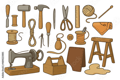Traditional Crafting Tools and Materials Set for Artisan Workshops, Vintage Hand Tools, Sewing Machine, Scissors, Yarn, Leatherworking Supplies, Vector Cartoon Illustration, Transparent Background