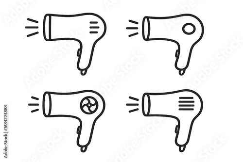 Hair dryer line icon set. Blow dryer symbol collection. Vector outline pictogram for hairdressing, salon, beauty, care, barbershop. Minimalist graphic element for web design.